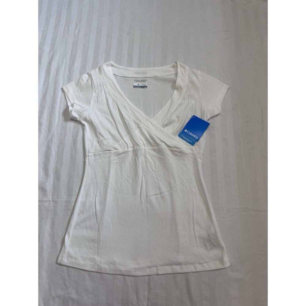NWT Columbia Womens Cool Camper Short Sleeve Shirt White V-Neck Wrap Top Small S